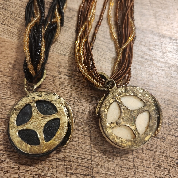 Pair Of Boho Black and Brown Pendant Necklace Set - Picture 6 of 6